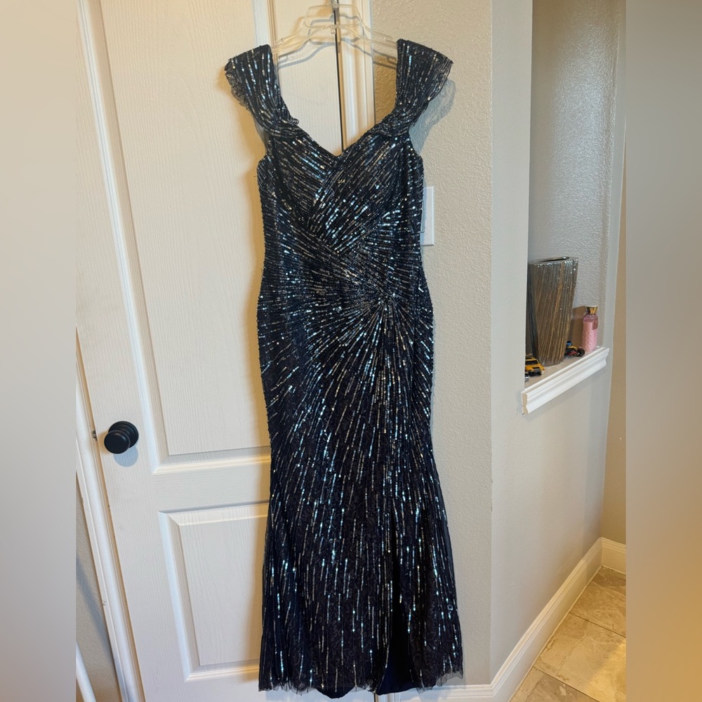 Rene Ruiz Elegant Dark Blue Sequin Evening Gown